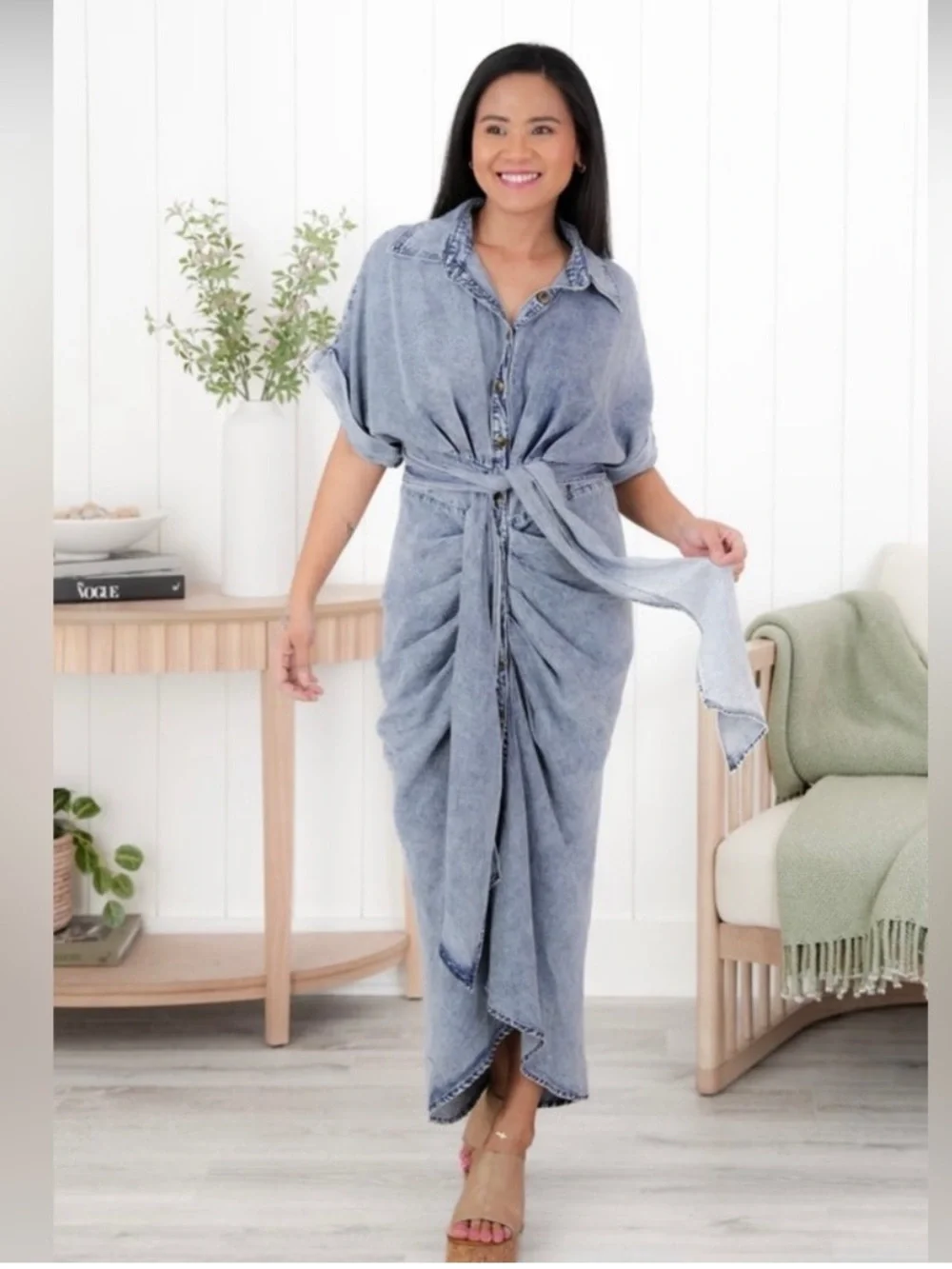 Oli & Hali Washed Button Down Denim Midi Dress with Tie Waist